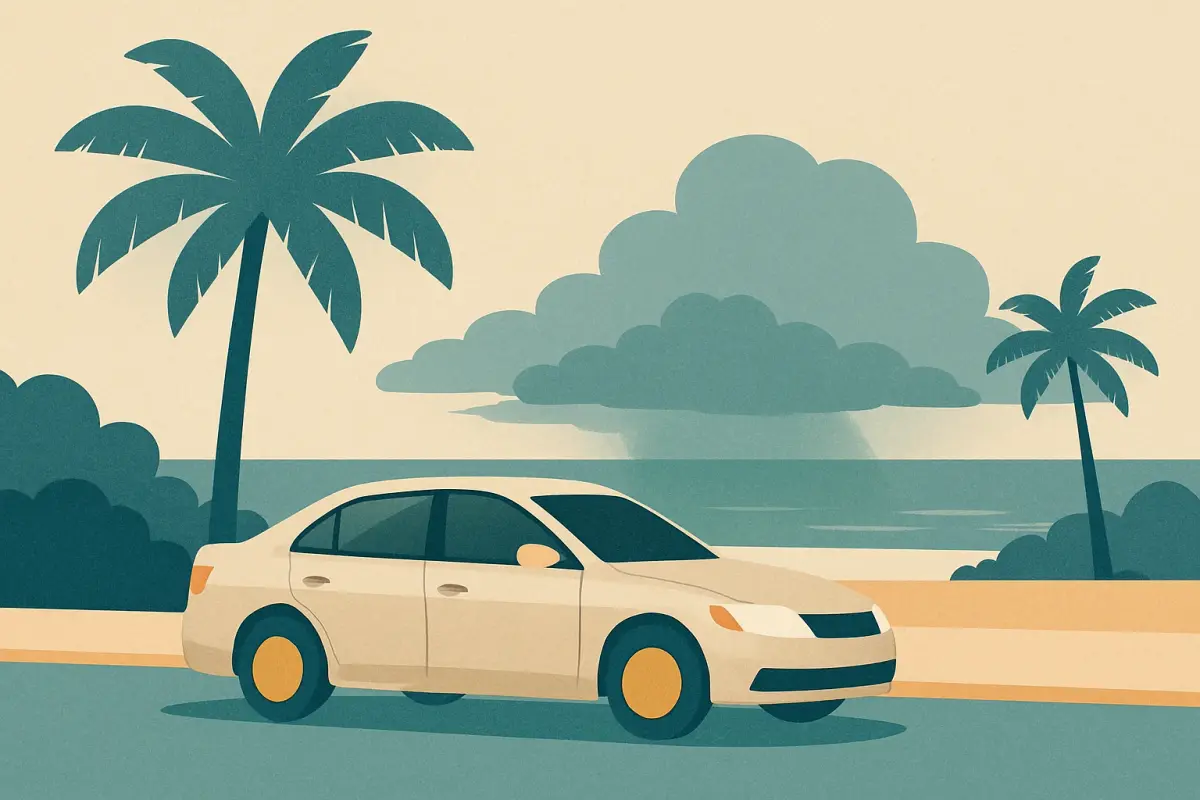 A car parked on a palm-lined Florida street under a cloudy sky