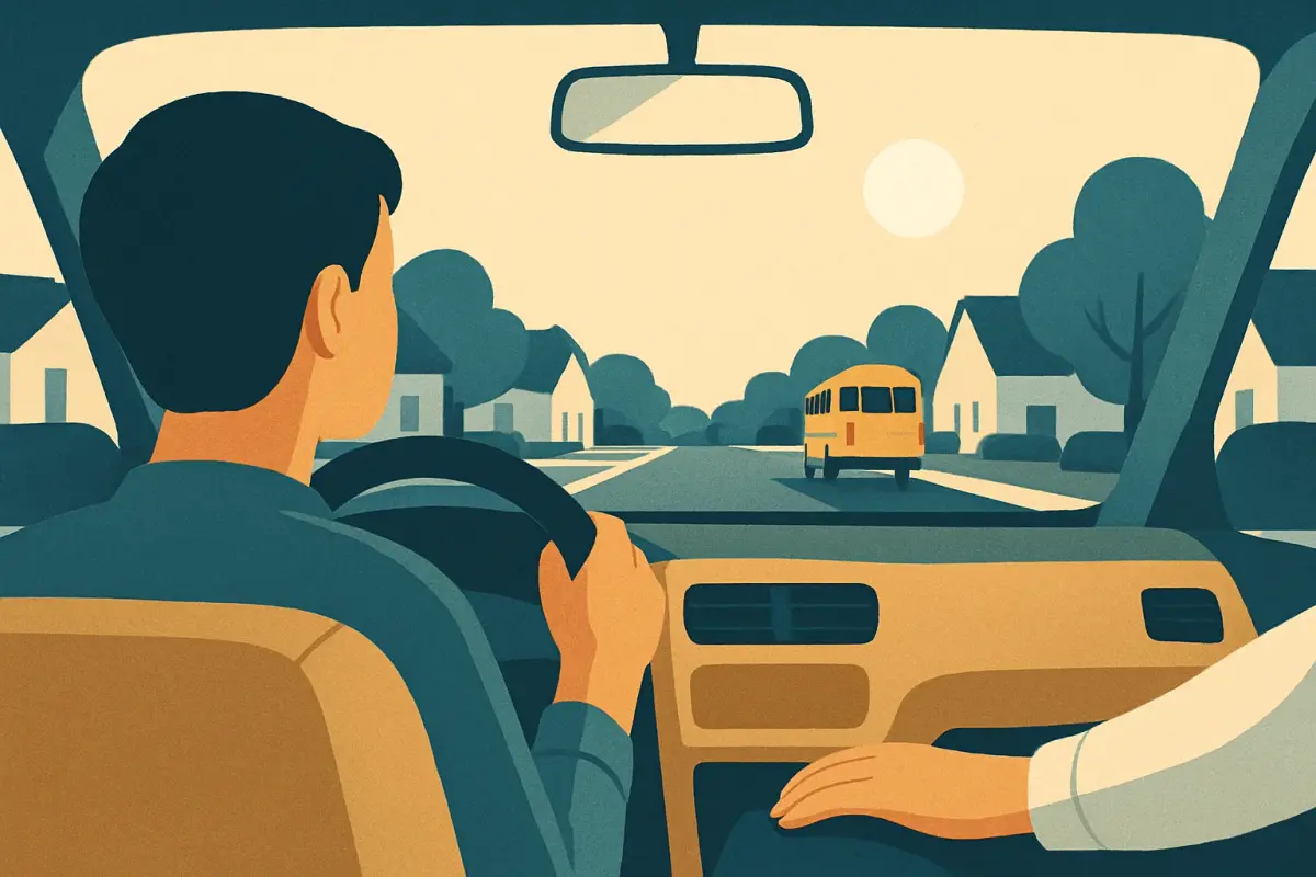 A parent in the passenger seat watching a teenager practice driving on a quiet neighborhood street